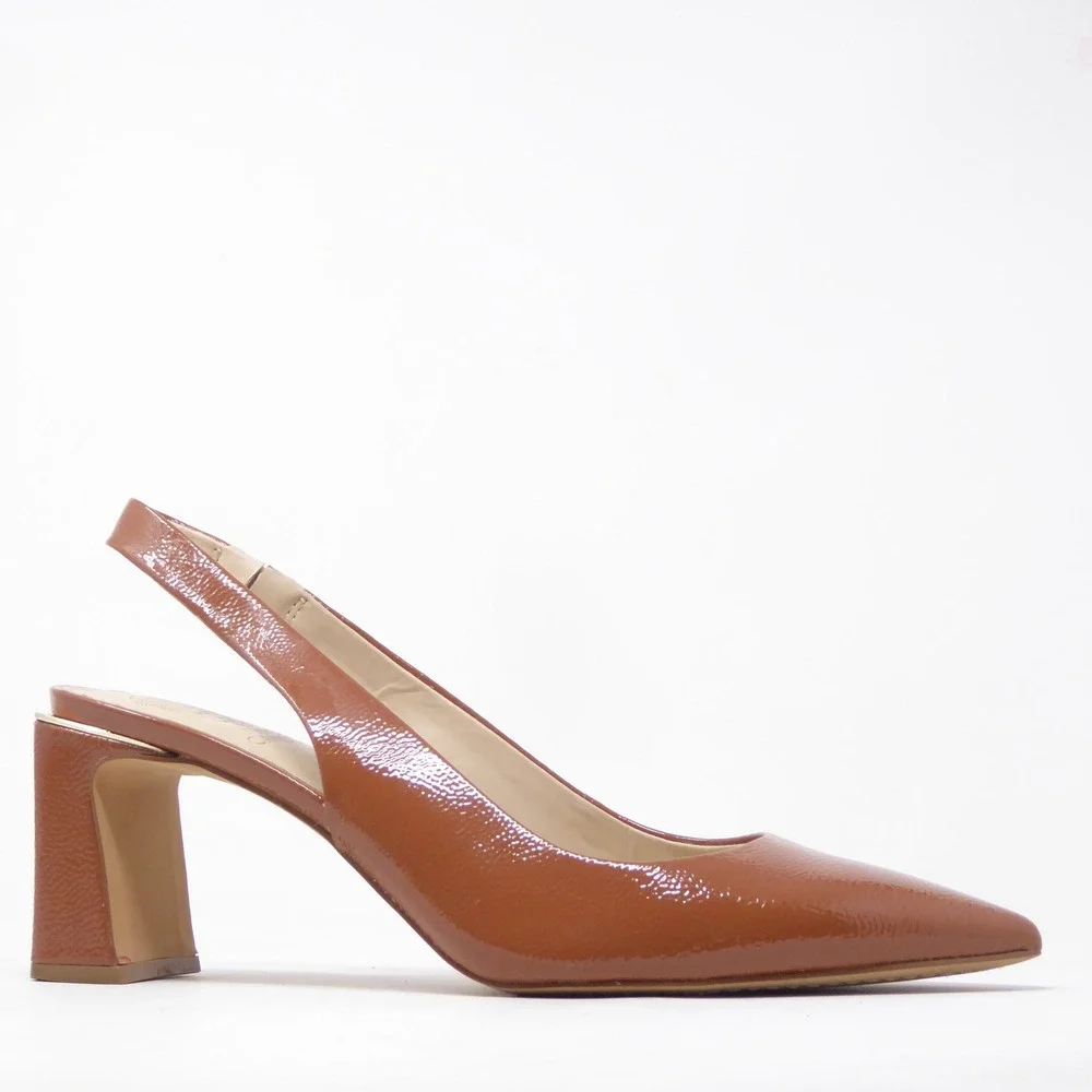 Vince Camuto Hamden Women Slingback Pumps Brown Patent Pointed Toe Block Heel 10